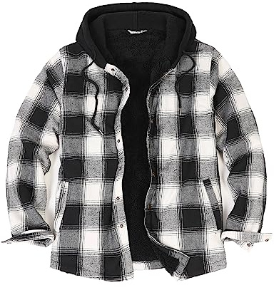 ZENTHACE Veste chemise en flanelle doublée Sherpa pour homme, veste d'hiver à carreaux à bouton-pression avec capuche, noir, XX-Large