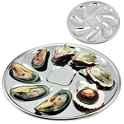 Forreen Assiette à Huîtres, 2 Pièces Assiettes à Huîtres en Acier Inoxydable Plaque à Huîtres Shell en Forme Durable Conteneur Huîtres avec 8 Emplacements pour Sauce Aux Huîtres et Citrons