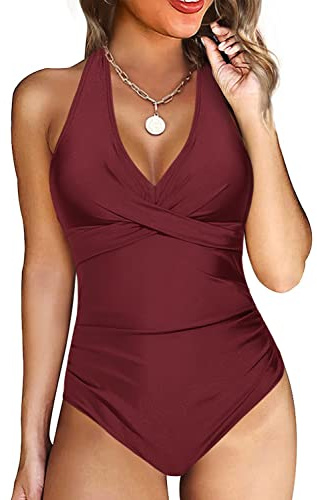 Traje de Baño de Una Pieza para Mujer Cuello en V Bañador Acolchado para Controlar la Barriga con Almohadillas Internas Extraíbles Trajes de Bañadores Sin Espalda (Vino Tinto, M)
