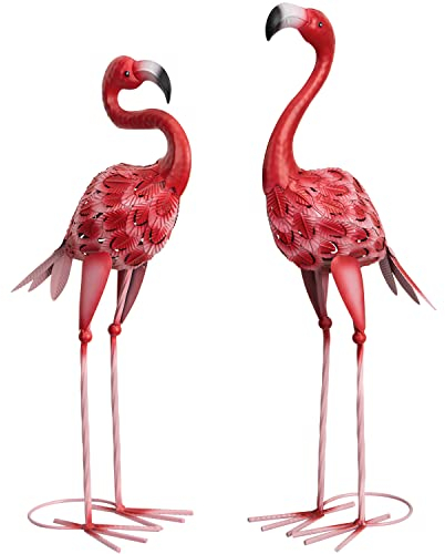 XONOR Lot de 2 statues de jardin flamant rose en métal pour décoration de maison, terrasse, pelouse, jardin