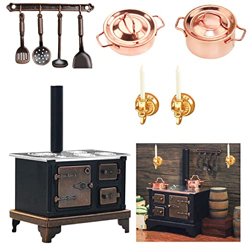 1/12 Miniature Furniture Cooking Stove Mini Retro Metal Stove with Miniature Wall Candle Holder Mini Pots Mini Spoon Shovel Cookware Tools for 1:12 Scale Kitchen Decoration