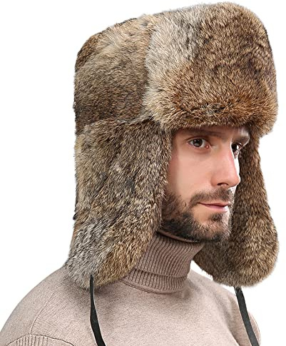 PENINSULA LOVE Faux Fur Trapper Hat Winter Russian Ushanka Hat Thick Warm Hunting Cap Earflap Fleece Trooper Cap for Men Brown