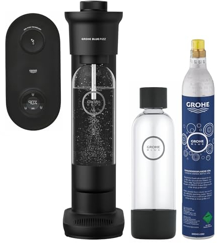 Grohe Blue Fizz Advanced - Wassersprudler Starter Set (mit CO2-Füllstandsanzeige, 3 einstellbare CO2 Stufen, 1xCO2 Flasche, 2x 0,85l Wasserflasche + Reinigungspulver), schwarz