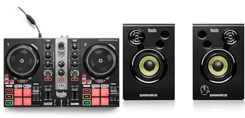 Hercules DJControl Inpulse 200 MK2 – Contrôleur DJ idéal pour apprendre à mixer - Logiciels et tutoriels inclus & DJMonitor 32-2 enceintes de monitoring actives de 15 watts RMS chacune