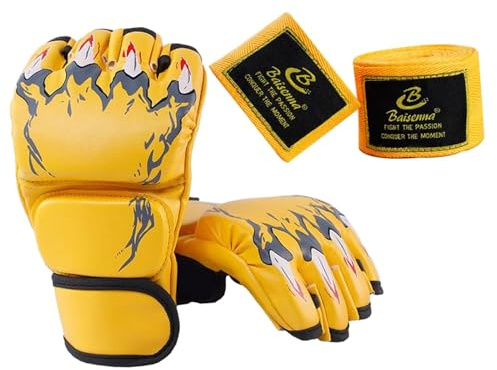 Guanti da Combattimento da Boxe Mezze Dita, Guanti MMA, Guanti da Sparring in PU, Guanti da Boxe con Sacco Pesante MMA, Giallo