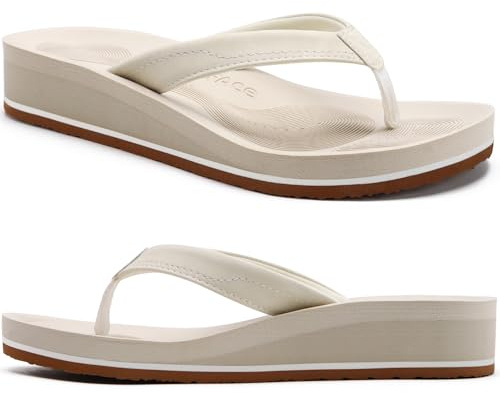 COFACE Flip Flops for Women With Comfortable Arch Support Ladies Fashion Platform Thong Sandals Soft Yoga Mat Sole For Beach/Indoor Outdoor, size 5 Beige White