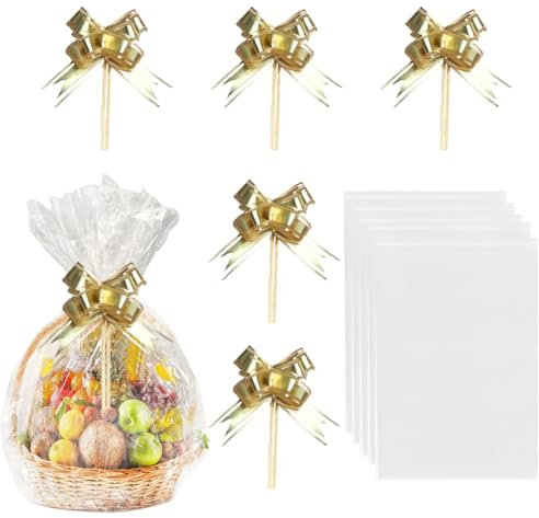 QEDBOJE 5er-Pack transparente Geschenktüten, Geschenkpapier mit 5 Schleifen für Körbe, Blumen, Kunsthandwerk und Geschenkverpackungen (70 x 100)