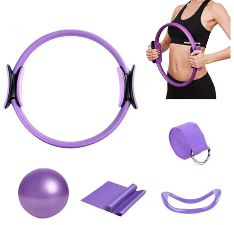 Ryfpdml Pilates Ring Circle, 5 Pcs Fitness Magic Pilates Ring Circle and Ball Set for Women 12 Inch Magic Resistance Bands Set 9 Inch Small Exercise Ball for Kids Adults (B)