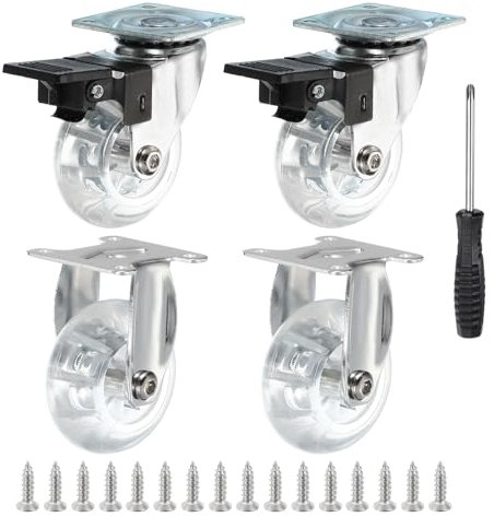 PATIKIL 2 Inch Rigid Fixed Caster & Locking Swivel Wheels with Brake, Clear PU Furniture Wheels 198 Lbs Load with Screws Screwdriver for Cabinet (2 Fixed Casters, 2 Swivel Casters)