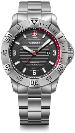 WENGER Montre pour Homme Seaforce Analogique Quartz, Ø 43 mm, Swiss Made, Étanche jusqu'à 200 m, Noir/Rouge, Bracelet en Acier Argent, 01.0641.139