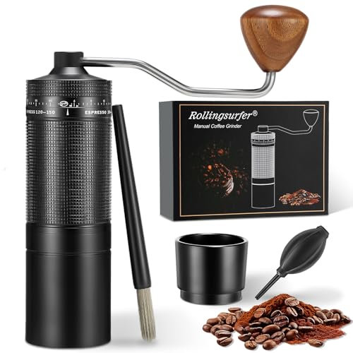 Rollingsurfer C1 Macinacaffè Manuale, Macinacaffè in Grani Portatile con Macina Conica in acciaio Inossidabile CNC per Caffettiera Espresso/Moka/Pour Over/Francese, Esterno Regolabile 0-150 Griglie