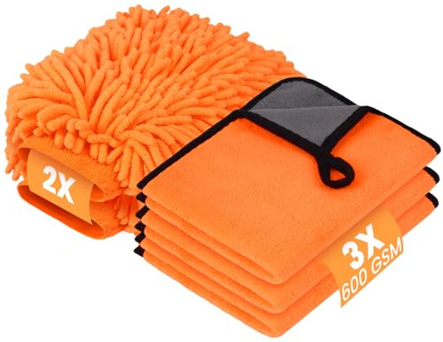 vsshe Car Washing Kit, 3 Microfiber Cleaning Cloths(Coral Fleece) 600 GSM and 2 Chenille Wash Mitts, Drying Towels, Highly Absorbent 100% Scratch-Free, for Home and Car Washing, Detailing 40 x 30 cm