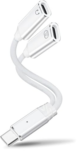 HAUXGOGO Adattatore di ricarica per cuffie a doppia porta USB-C Splitter USB C, convertitore audio di tipo C PD 100W a ricarica rapida - Bianco