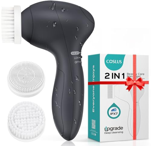COSLUS Face Scrubber Facial Cleansing Brush: 2 Speed Adjustable Face Cleansing Brush for Sensitive Skin, Beard Care - Deep Cleansing​ & Gentle Exfoliating, Portable for Travel & Shower, for Men Teens