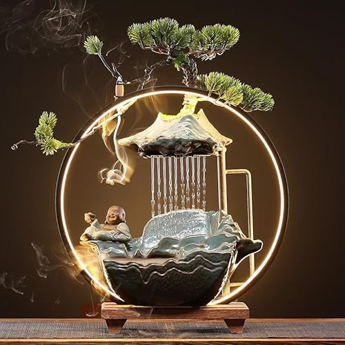 Vattenfontän för heminredning, LED-ljus, kaskadfontän för inomhus, utomhus, zen, modern design med keramisk kropp, handamde ugn keramik (rådjur som ser ut, stor, W/O LED-lampa) (Lucky Maitreya Buddha