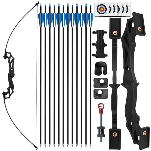 SERfawnCH Ambidextrous Recurve Bow Set for Adults & Youth - 30lbs Takedown Bow with 12 Carbon Arrows, Left/Right Handed (Black)