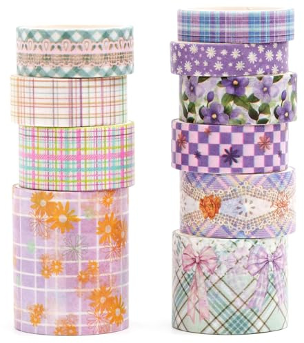 Songdao 10 rullar vintage blommor washi tejp set dekorativ maskeringstejp skotskrutigt tyg tejp färgglad för konst, gör-det-själv-hantverk, dagbok, planerare, scrapbook, förpackning (lavendelfärgad