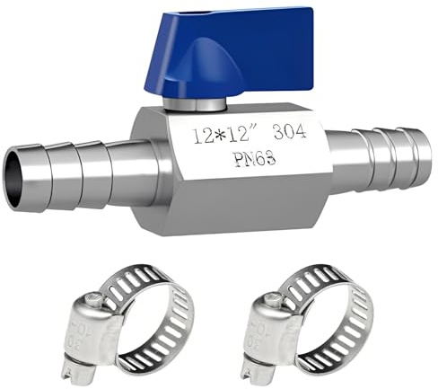 12 mm kulventil med krok, 304 rostfritt stål kulkran, 12 mm krokar avstängningsventil pagodenled, trädgårdskran, minikulventiler med 2 slangklämmor för vatten, gas, olja, bränsle