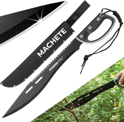STREND PRO Machete Scharf Echt | 61cm | ZUVERLÄSSIGES Groß Messer Für Garten & Wald | Schwarz Mit Scheide, Mit Säge Und Mit Handschutz | Robuste Starke Klinge Aus Hochwertigem Stahl