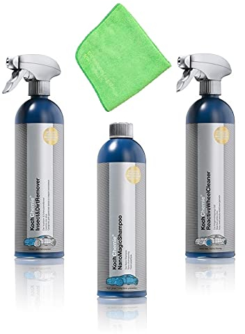 Koch Chemie Pflegeset Outside 3 Auto Reiniger + Microfasertuch Felgenreiniger Autoshampoo Insektenentferner ReactiveWheelCleaner NanoMagicShampoo Insect&DirtRemover