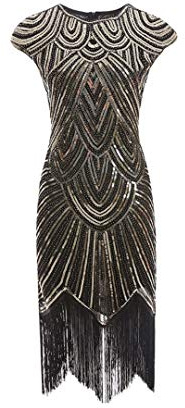 shoperama Charleston, anni '20, abito da donna con paillettes e frange, nero/oro, S