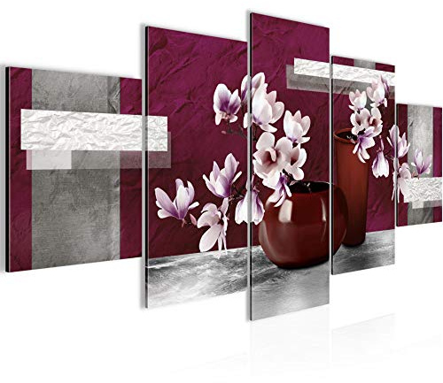 Runa Art Wandbilder Blumen Abstrakt 5 Teilig Bild auf Vlies Leinwand Deko Wohnzimmer Blumenvase Grau Rot 035252a