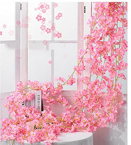 1 Stück Künstliche Kirschblüten Girlanden Blumengirlande Blumen Rebe Seidenblumen Girlanden Hängende Kunstblumen Girlande Deko für Hochzeit Party Haus Garten Bogen Wände,135 Blütenköpfe Dunkelrosa