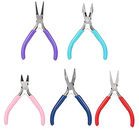 Cisixin 5 Piezas Mini Juego de Alicates para Joyas, Alicates de Nariz Redondo Alicates Planos Alicates de Corte Lateral con Mango de Agarre Cómodo