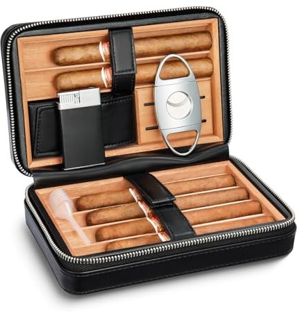 LEACHOI Humidor in Pelle Con Rivestimento in Legno di Cedro - Custodia per Sigari Portatile da Viaggio Con Accendino e Taglierino - Set Regalo Accessori, Nero