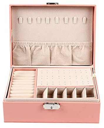 Valigetta portagioie a 2 strati, 23 × 17 × 9 cm, doppia scatola in pelle, anello per orecchini, collane, display in pelle, regalo per portagioie (rosa)