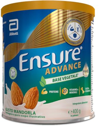 Ensure Advance Base Vegetale, Integratore con Proteine Vegetali, con 27 Vitamine e Minerali, Calcio e HMB, Confezione 400g, Gusto Mandorla, Senza Glutine, Adatto agli intolleranti al lattosio