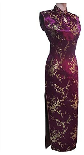 YAROVA Vestito da Cinese Donna -Abito Tradizionale Cinese Primavera Estate Manica Corta Raso Lungo Sottile Cheongsam Orientale Qipao Moda Abiti da Sposa per Feste retrò,Viola,3XL