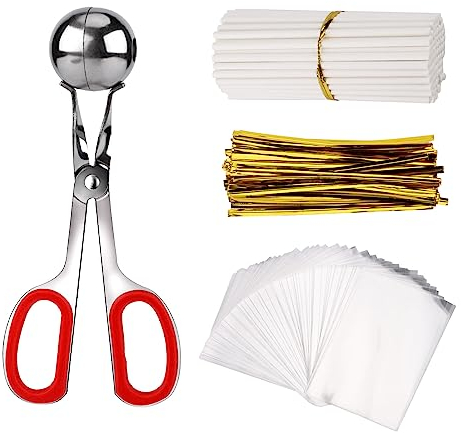 LUTER Lollipop Cake Pop Candy Bag Set, Including Metal Meatball Clips with Silicone Handle 100 Wrapper Paper Sticks Twist Ties Suitable for Chocolate Biscuit Making Kit (A32040)