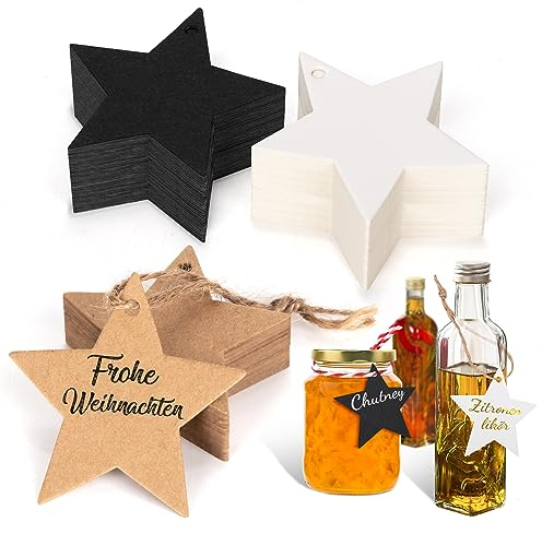 Alintor 120stk. Stern Geschenkanhänger Weihnachten, Weihnachtsanhänger mit 20m Schnur, Perfekt für Likörflaschen, Stempel, Marmeladendeckchen, Geschenktüten, Geschenkband (Schwarz/Braun/Weiß)