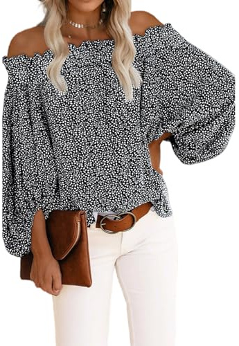 Blusa de manga larga para mujer, hombros descubiertos, camiseta de manga larga, blusa informal, blusa de túnica, blusas con hombros descubiertos, blusas sexy, tops de gasa, mangas de farol, camiseta