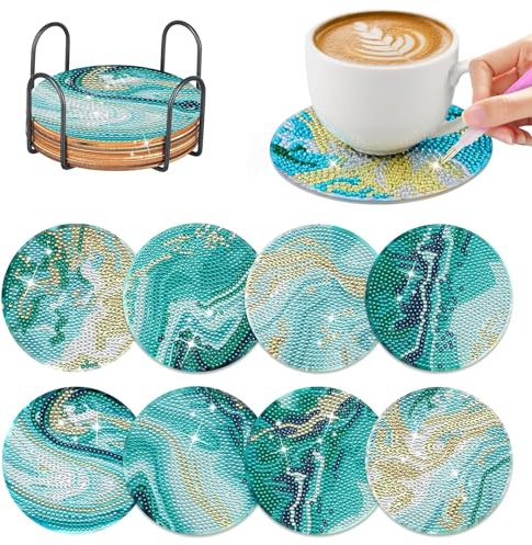 Derjdisf - Juego de 8 posavasos de pintura de diamante con soporte, arte y artesanía para adultos, kits de pintura de diamantes, posavasos de mesa artesanales