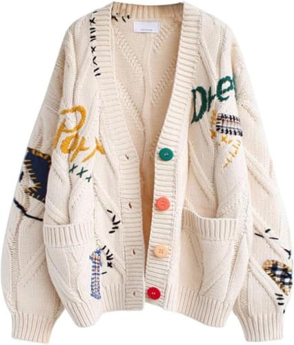SAGGION Women's Cable Knit Long Sleeve Cardigan V Neck Colorful Open Front Button Embroidered Knitted Sweater Coat Pocket，M