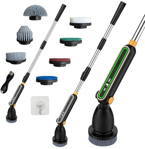 Spazzola di pulizia elettrica, 7 testine sostituibili, manico regolabile da 30 a 130 cm, 120 minuti, protezione da corrente, versatile per bagno, cucina e auto, colore nero
