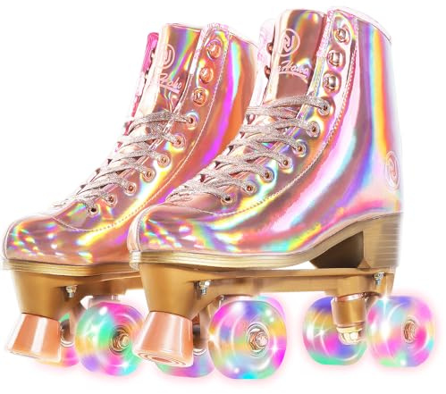 JajaHoho Women's Roller Skates Holographic PU Leather High-top Roller Skates Shiny Double Row Four Wheels Roller Skates for Girls 8-50 Indoor (Rose Gold)