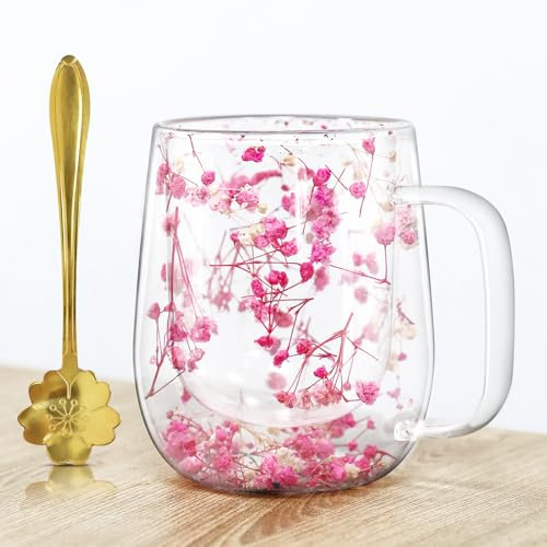 Afitdon Tazza a doppia parete, a doppia parete, con cucchiaio, a doppia parete, per cappuccino, latte macchiato, tè, gelato e latte, regalo per donne (350 ml)