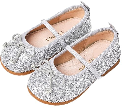 Princess Shoes Girls Toddlers Kids Glitter Mary Jane Flat Shoes Sequin Wedding Birthday Dressing up Cosplay Silver