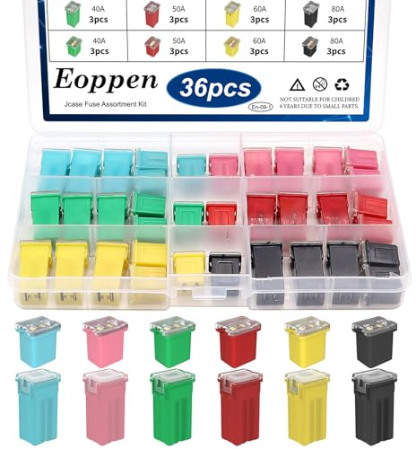 Eoppen 36Pcs Jcase Fuse Car Fuses Assortment Kit Automotive Tall/Standard and Low Profile Jcase Box Shaped Automotive Fuses for Trucks Cars and SUVs (20A, 30A, 40A, 50A, 60A, 80A)