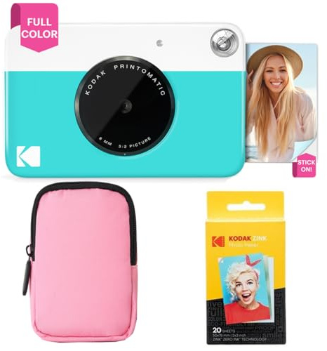KODAK Printomatic fullfärg omedelbar tryck kamera startpaket + mjukt fodral + zink 20-pack fotopapper – färgglada foton på 5 x 7,6 cm klibbigt baksidespapper – rolig present till födelsedag jul högtid