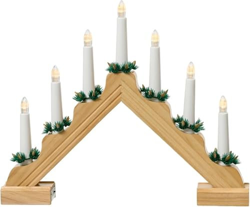 Mains Operated 7 Wooden Pre-Lit Christmas Candle Bridge Arch | Flameless Candles | Warm White LED Lights for Windows & Tabletop Decor | 32cm x 39cm (Beige)
