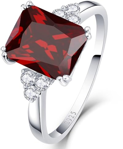 Bonlavie 925 Sterling Silver Rings for Women Created Emerald/Amethyst/Ruby/Blue Topaz Rings, 8x10mm Emerald Cut Wedding Engagement Promise Rings Band for Her Size J 1/2-T 1/2