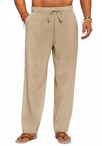 Runcati Mens Casual Linen Pants Elastic Waist Drawstring Summer Beach Pants Lightweight Loose Fit Yoga Trousers