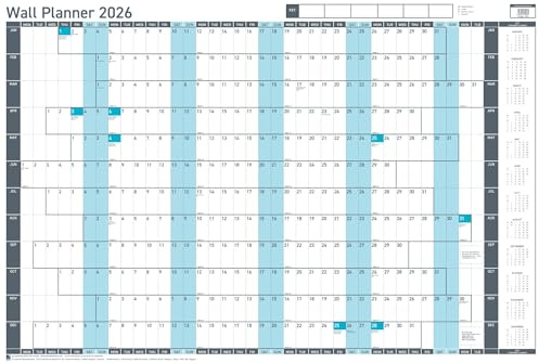 Value Year Wall Planner – Poster Style Calendar, 91.5x61cm, Blue – UK & ROI Holidays Marked – 2026 Calendar Designed for Office, Home, and School Use