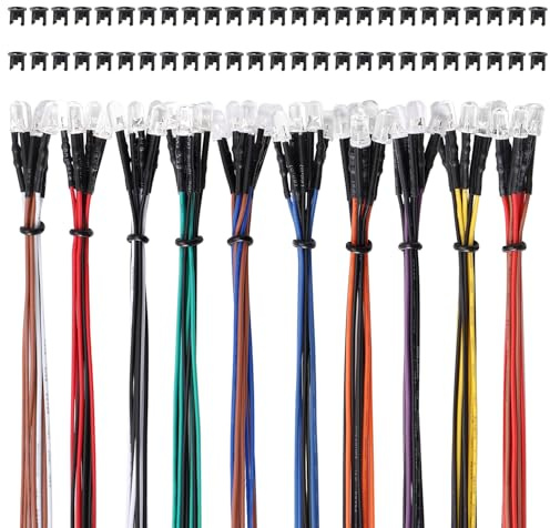 Lyeteung 50 ST 5mm 12V Förtrådda LED Dioder Ljus, 10 Färger, 20cm Förtrådda LED Lysdioder + 50 ST 5mm Plast Diod Hållare