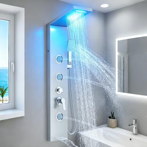 Rozin Duschpaneel mit Armatur LED Wandmontage 5 Funktionen Duscharmatur Komplettset mit Regendusche Massagedüsen Handbrause Wanneneinlauf und Wasserfall Duschkopf Duschsäule Edelstahl Nickel Gebürstet