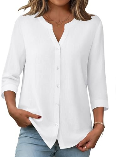 Zeagoo White Button Down Shirt Women 3/4 Sleeve Linen Button Up Blouse Cotton Tops Dressy Casual Outfits 2026 White L